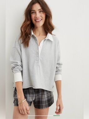 Aerie Oversized Rugby Sweatshirt Gray White Collared Pullover Boxy M